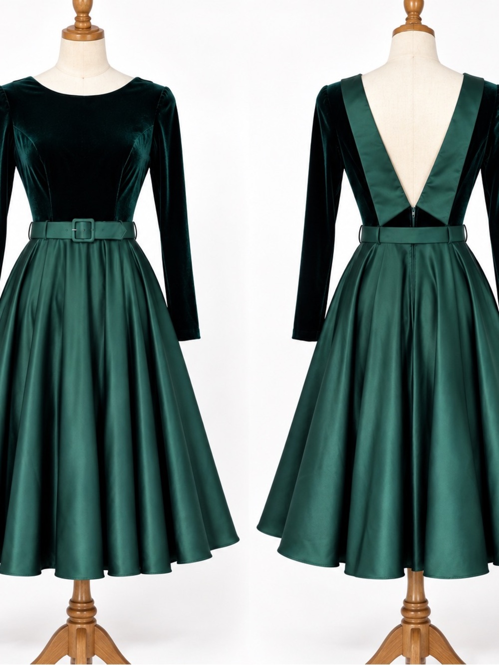 Scott McClintock Emerald Green Velvet & Satin Midi Dress with Belt